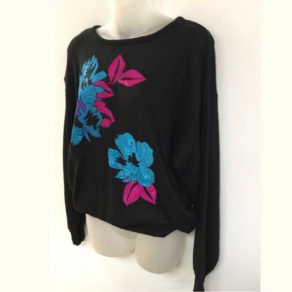 TanJay 80’s Vintage Floral Appliqué L/S Crew Neck Pullover Sweater Women’s Large - Picture 2 of 6